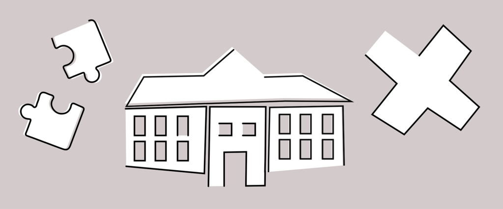 Szara grafika z budynkiem szkoły