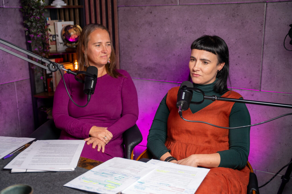 Two guests recording an SOS for Education video podcast